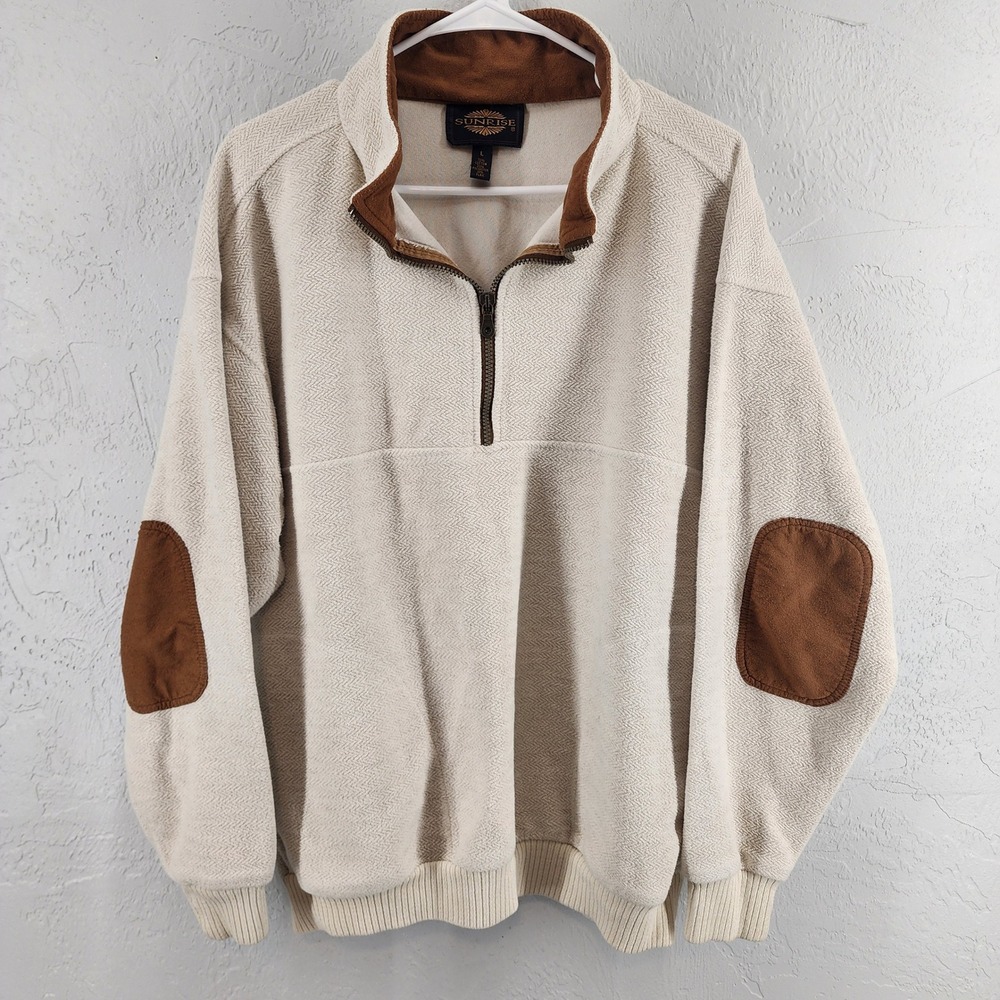 Sunrise Cream Quarter Zip Pullover Suede Elbow Patches Vintage Mens Large Flax